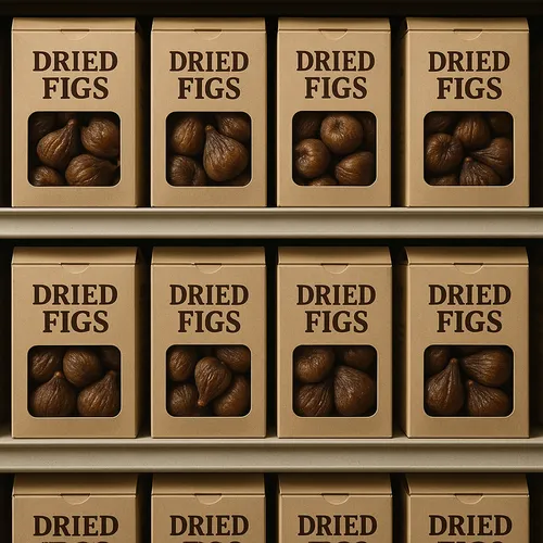 Retail cartons of dried figs arranged on a shelf